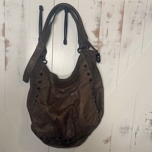 Treesje Dark Greige Leather Hobo Bag Stud Accents